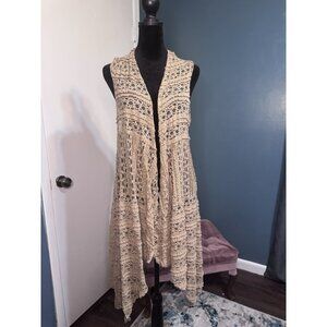 Khaki Tan Crochet Lace Hi-low Kimono Vest Coverup Small Anthro Style
